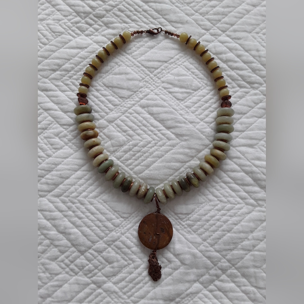 Stunning Yellow Jade and Copper Ingot Necklace